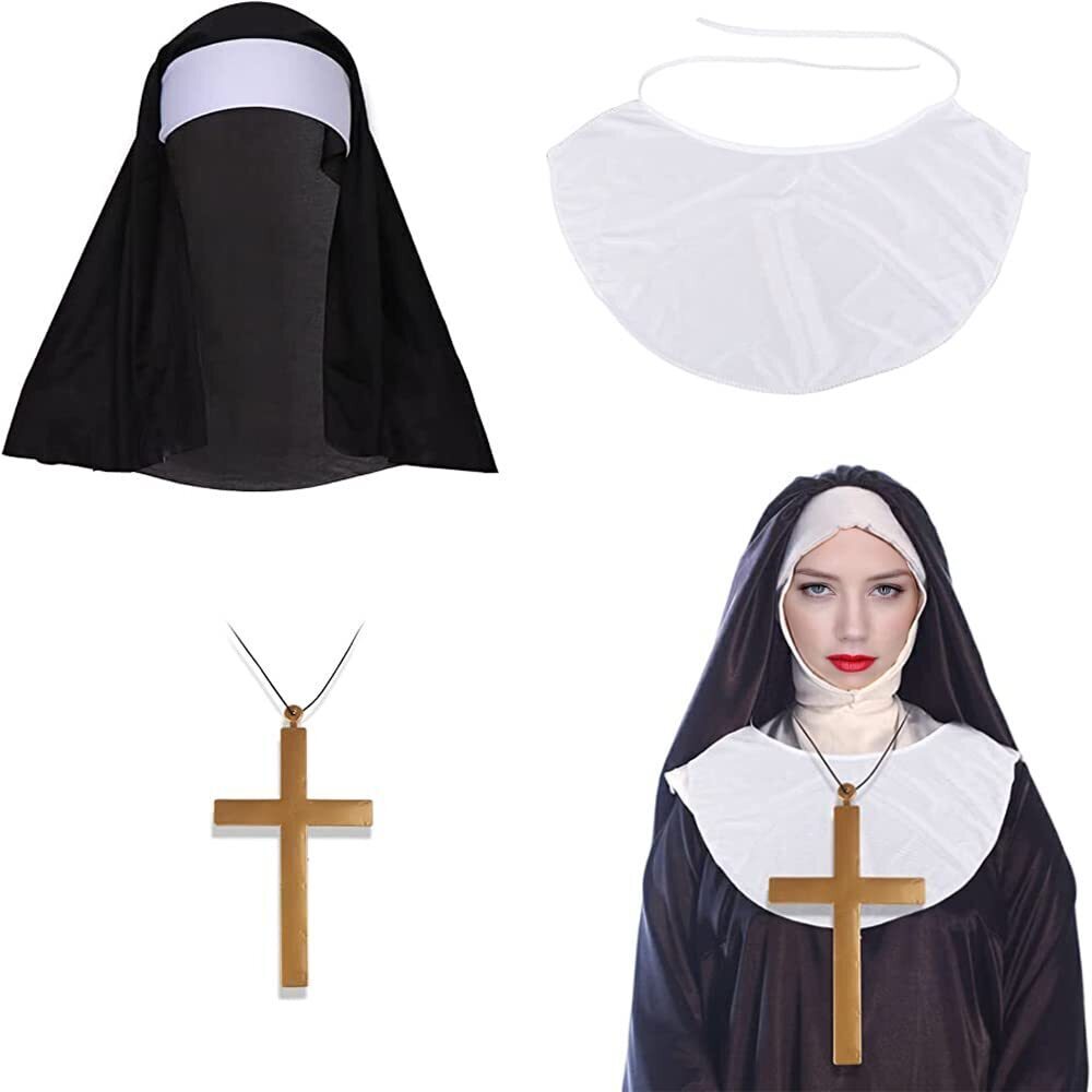 1289 Nun Costume Accessory Set Nun Hat White Nun Collar Cross